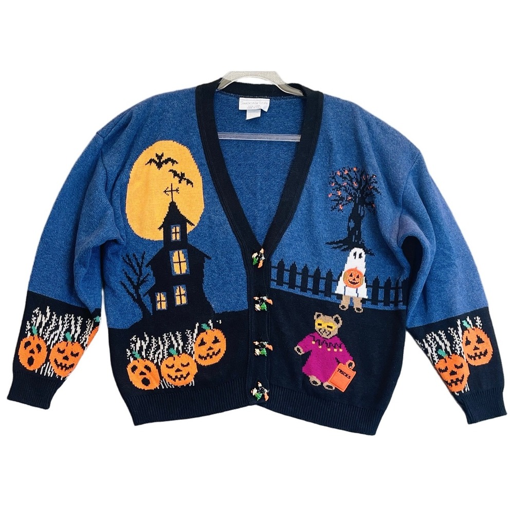 Halloween Sweater Women Large Sweater Loft Haunted House Pumpkin USA Made